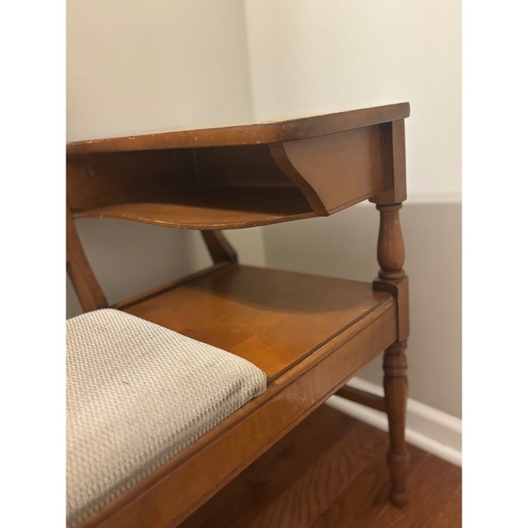 Vintage Gossip Bench Wooden Chair Desk Storage Shelf Telephone Table Tan cushion - Picture 6 of 16